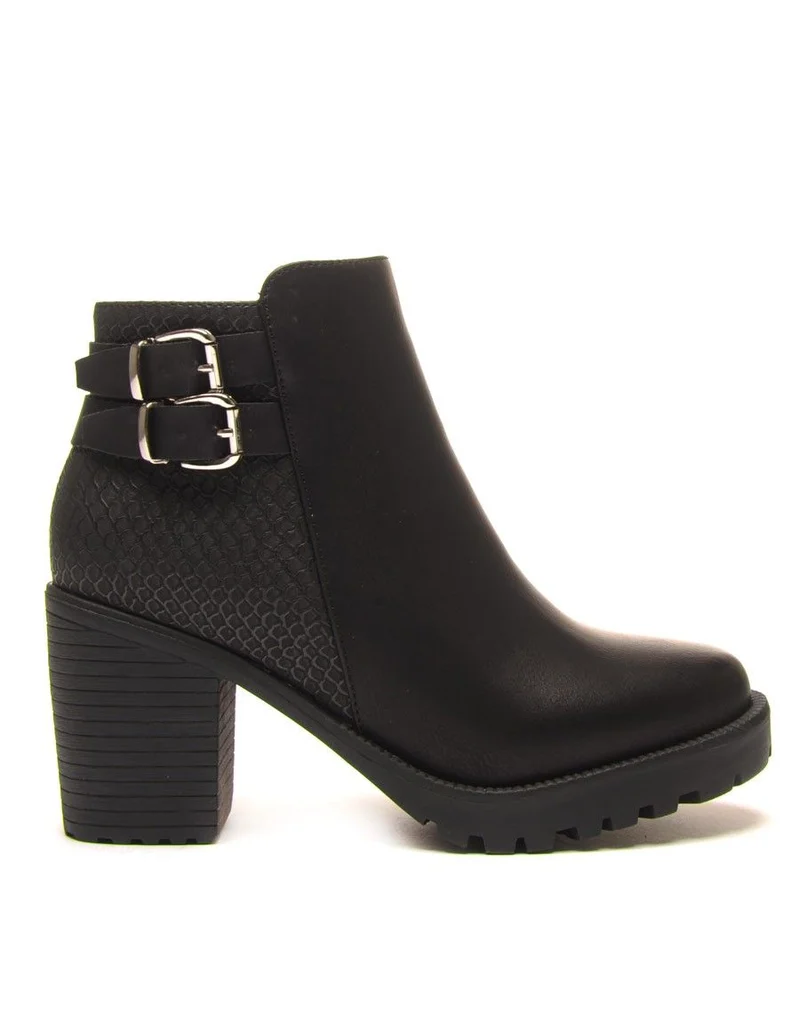 Bottine noire bi matière à talons épais FM510