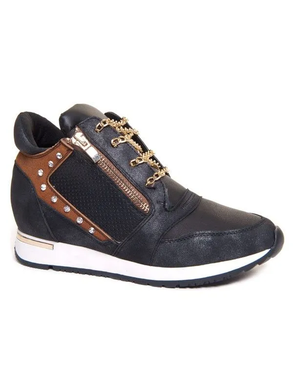 Chaussure femme Ideal: Basket noire avec lacet en chaîne