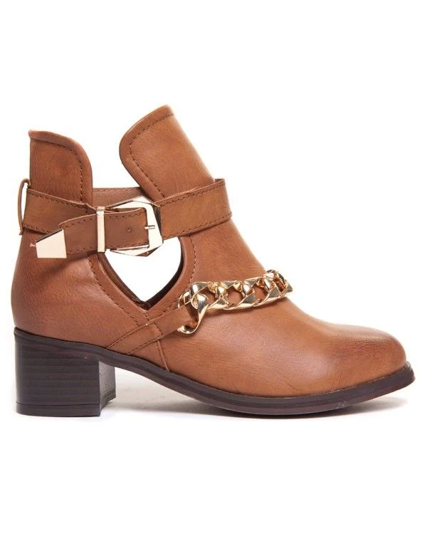 Bottine camel à talonnette et à chaîne dorée Bellucci