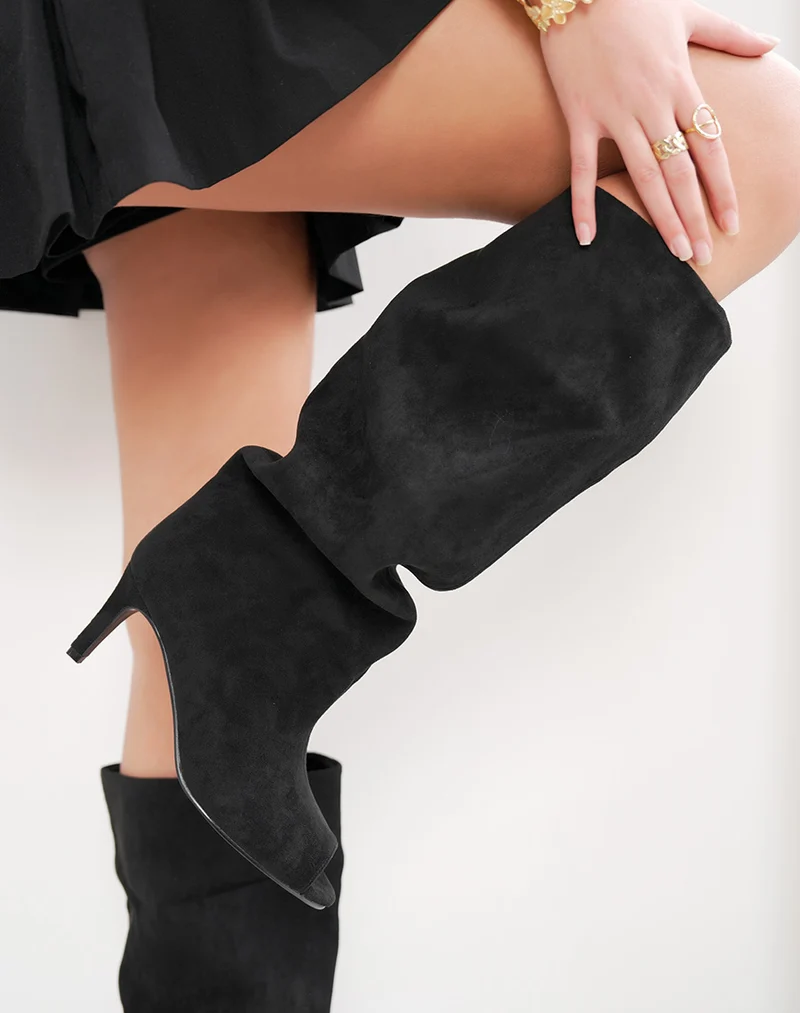 Bottes noires femme en suédine à talon aiguille – Bout ouvert tendance