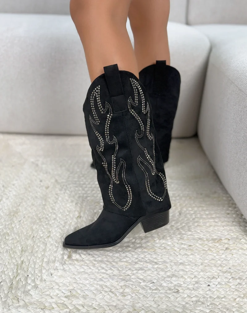 Botte santiag femme noire élégante en suédine avec strass argentés et talon biseauté