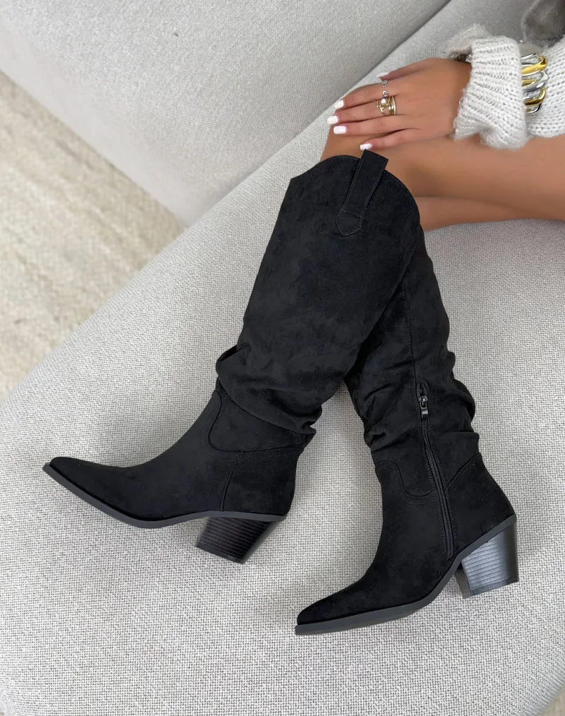 Bottes femme noires style santiags en suédine tendance à bout pointu et talon biseauté