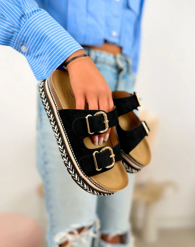 Mules femme noires tendance à plateforme tressée avec doubles boucles dorées