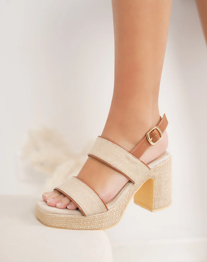 Sandale femme à talon et plateforme en osier – Double bride tissée beige et camel