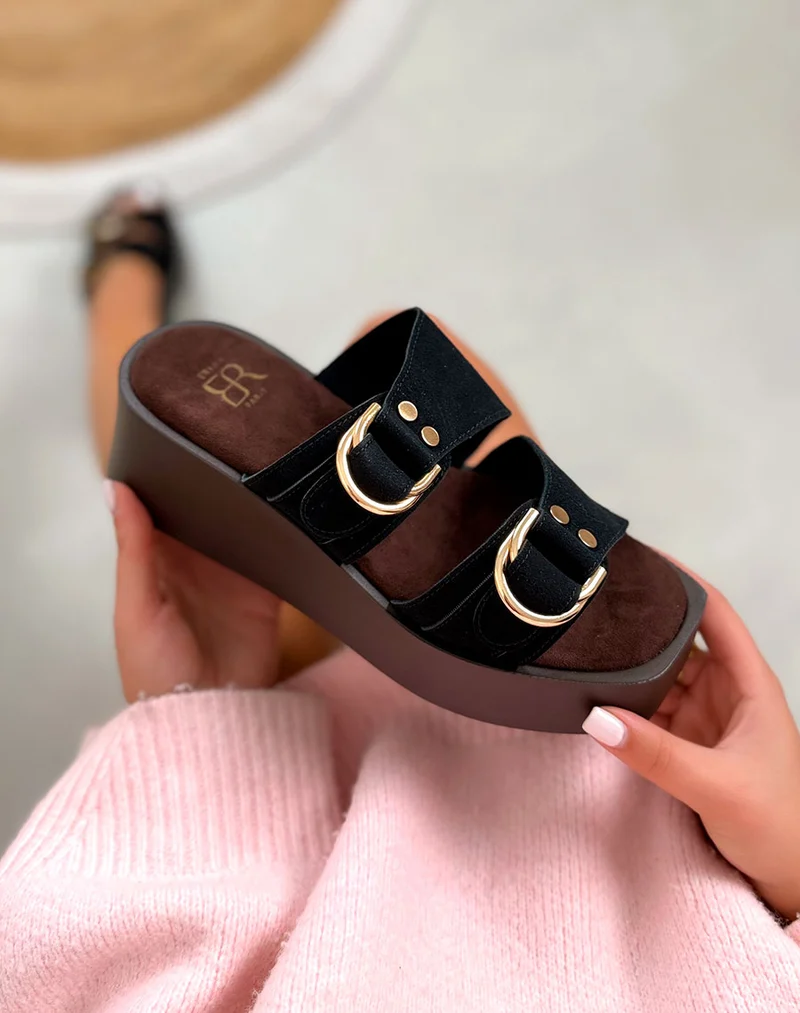 Mules noires à plateforme compensée et double brides en suédine