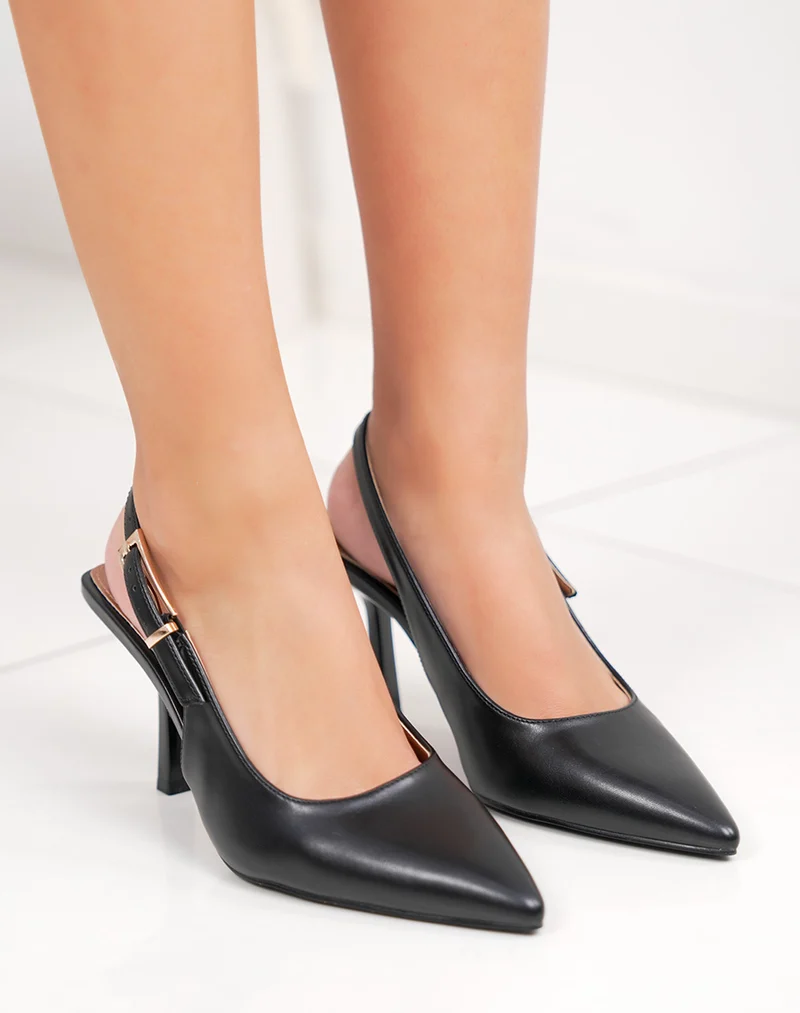 Escarpins femme noirs à talon haut, bride dorée et bout pointu élégant