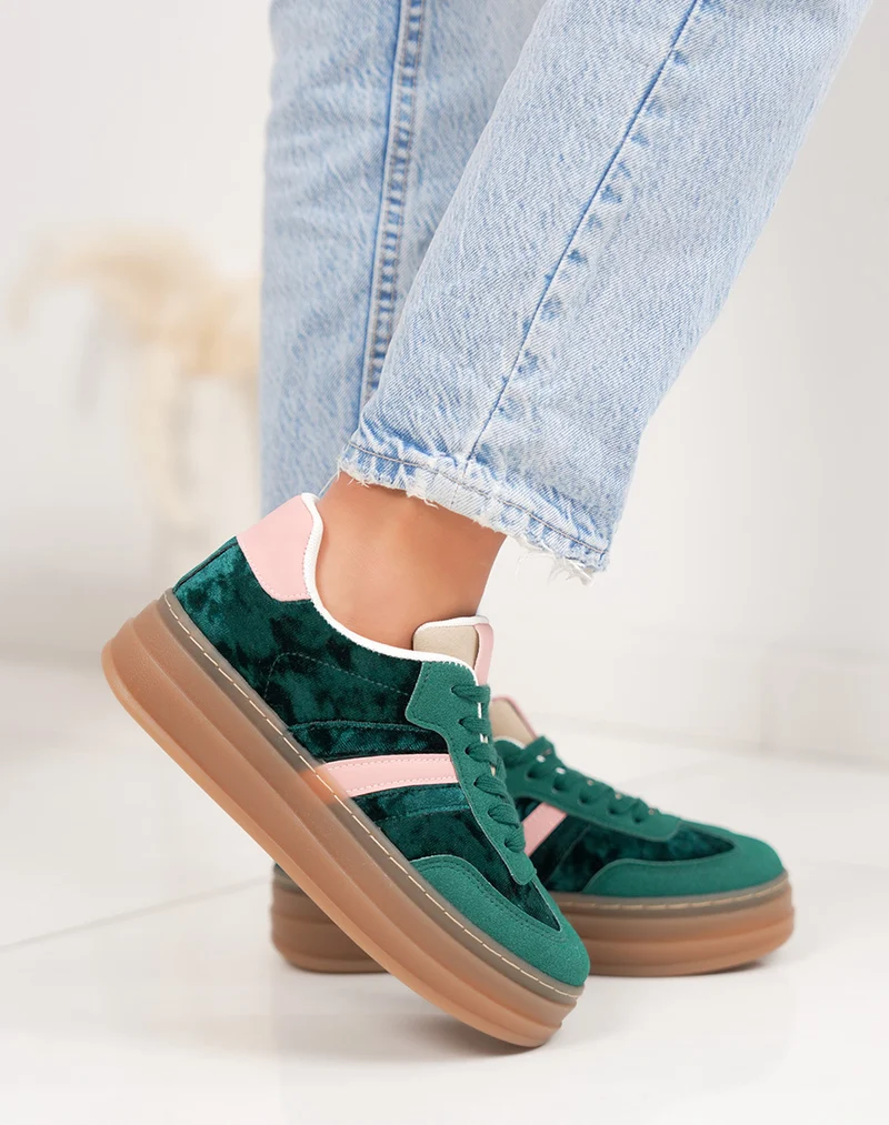 Basket femme verte tendance à plateforme en velours avec empiècement rose clair