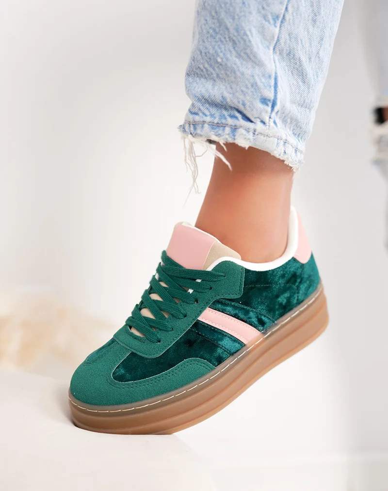 Basket femme verte tendance à plateforme en velours avec empiècement rose clair
