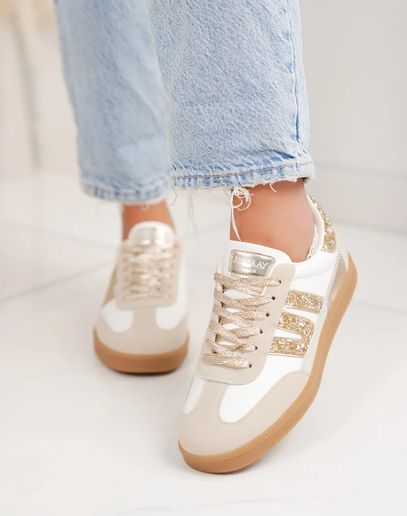 Basket femme blanche tendance avec empiècements pailletés dorés et suédine beige