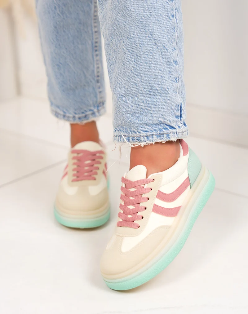 Basket femme jaune pastel tendance à plateforme avec empiècements rose et vert