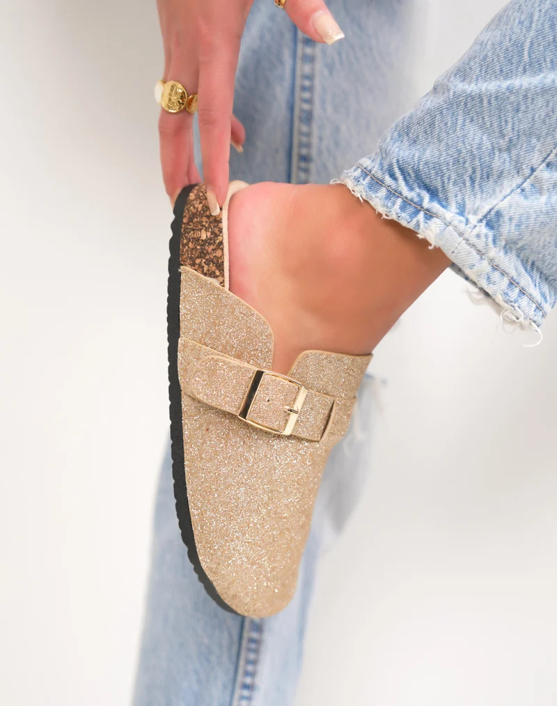 Mules femme dorées pailletées avec boucle dorée