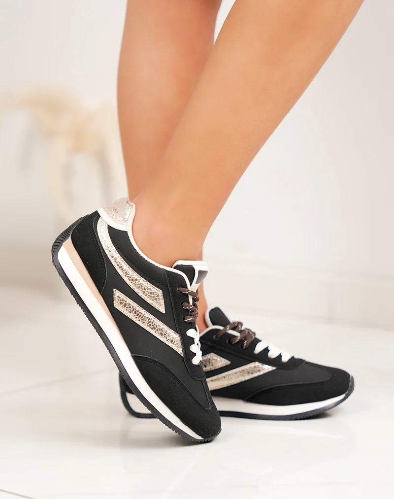 Baskets femme noires avec empiècements dorés effet croco et double lacets