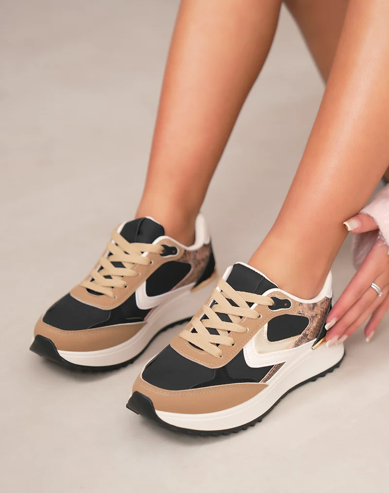 Basket femme noire tendance avec empiècement croco marron doré