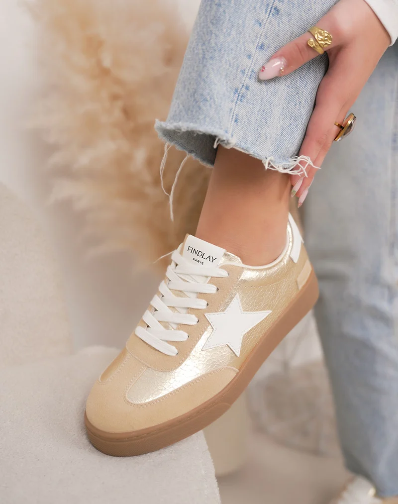 Basket femme dorée tendance à plateforme marron avec étoile blanche