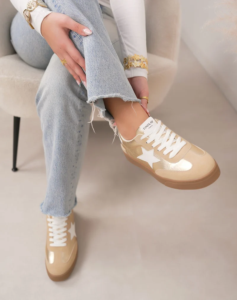 Basket femme dorée tendance à plateforme marron avec étoile blanche