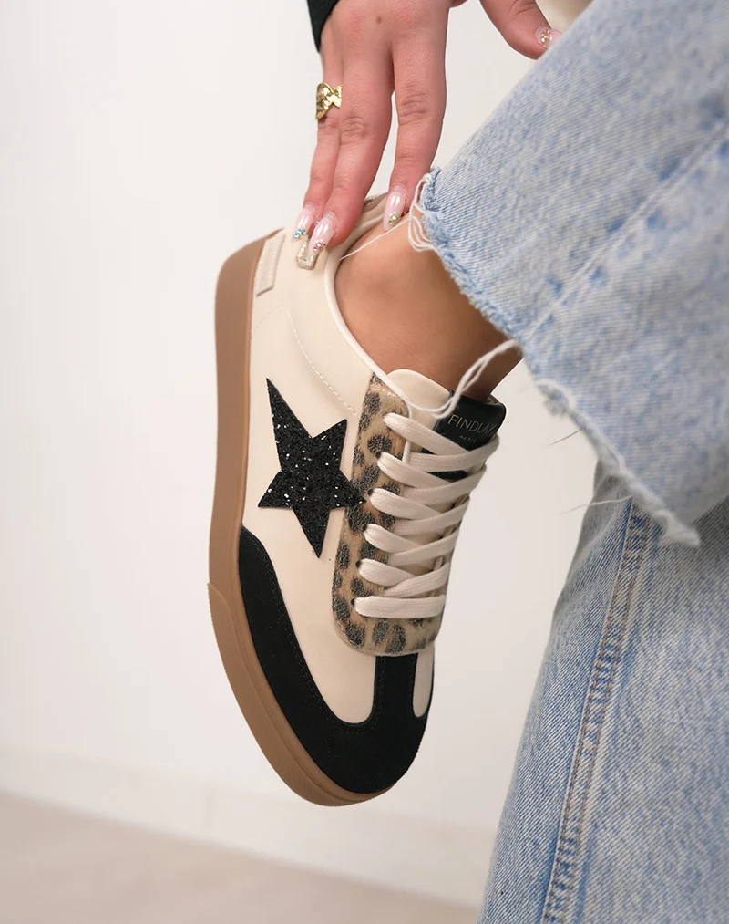 Basket femme noire et beige tendance à plateforme avec étoile pailletée et détail léopard