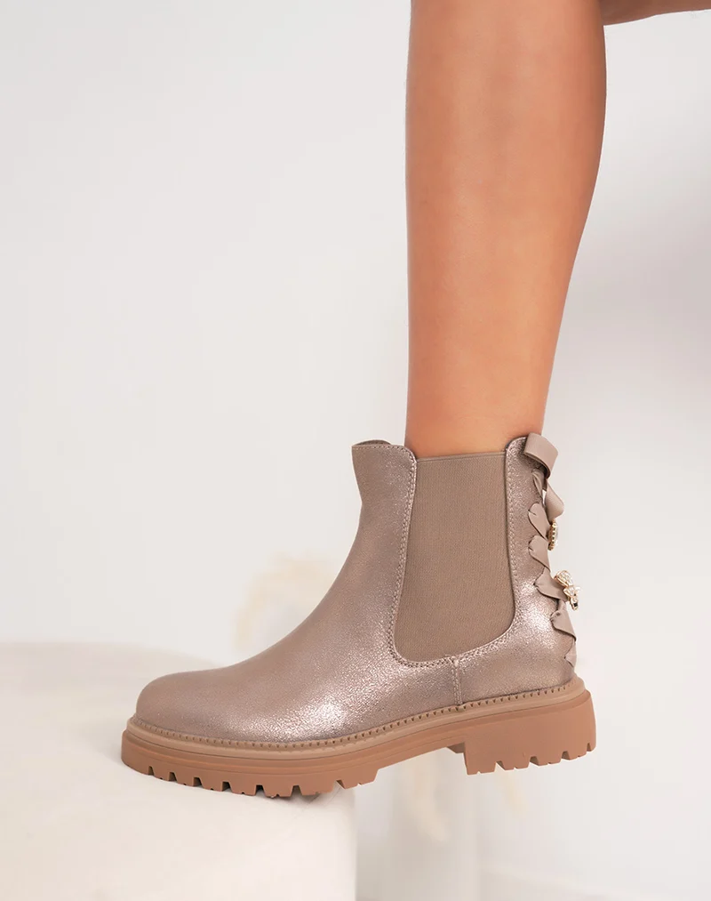 Bottines femme taupe irisées élégantes style chelsea avec nœud et détail cœur