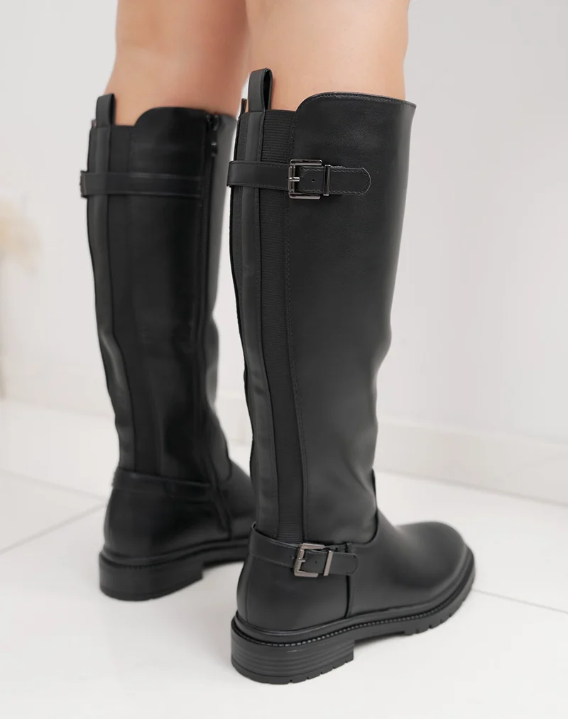 Bottes femme noires à élastique, semelle crantée et sangle décorative
