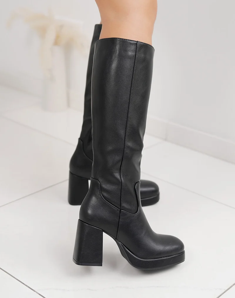 Bottes femme noires à talon haut épais, bout rond et plateforme confortable