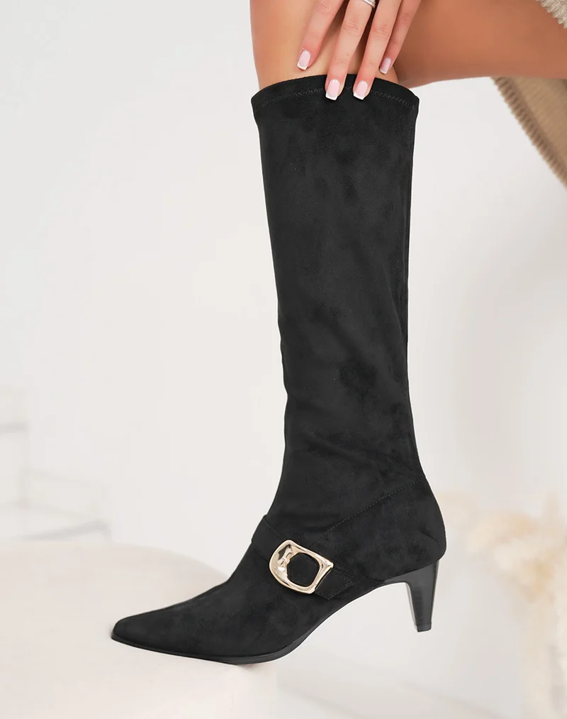 Bottes femme noires en suédine, élégantes à petit talon évasé et boucle dorée
