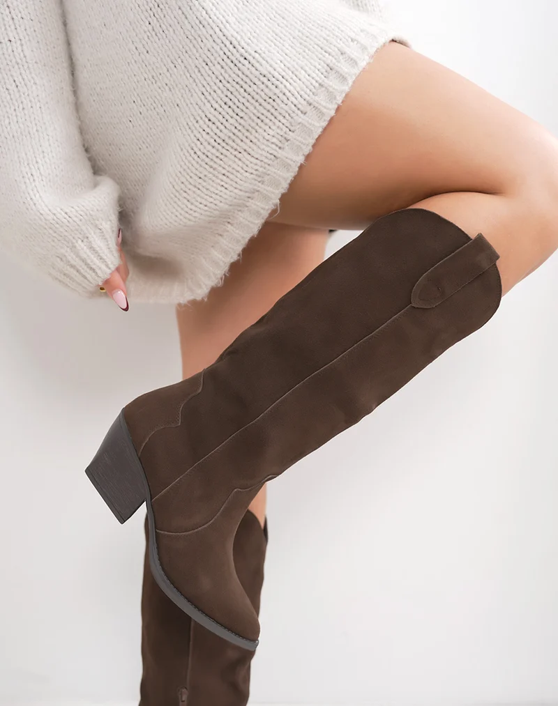 Santiag femme marron en cuir avec talon biseauté et intérieur fourré