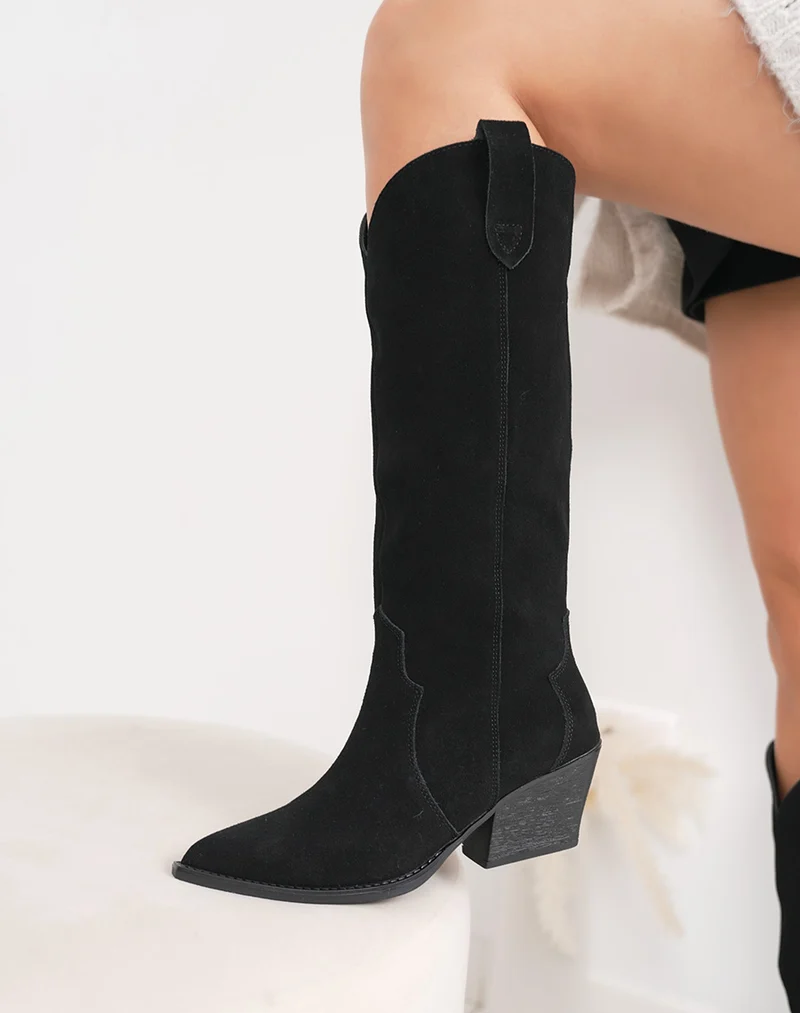 Santiags en cuir noires avec talon biseauté et intérieur fourré