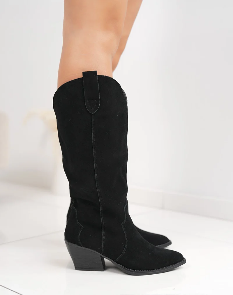 Santiags en cuir noires avec talon biseauté et intérieur fourré