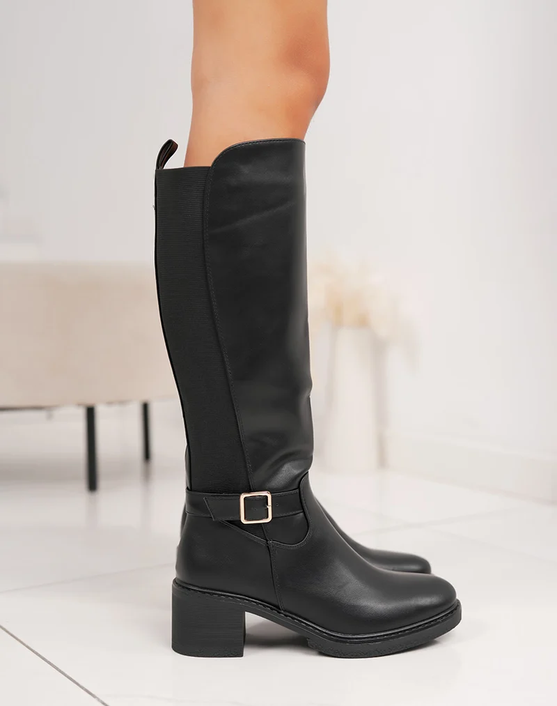 Bottes noires à talon avec élastique et boucle dorée – Élégance et confort au quotidien