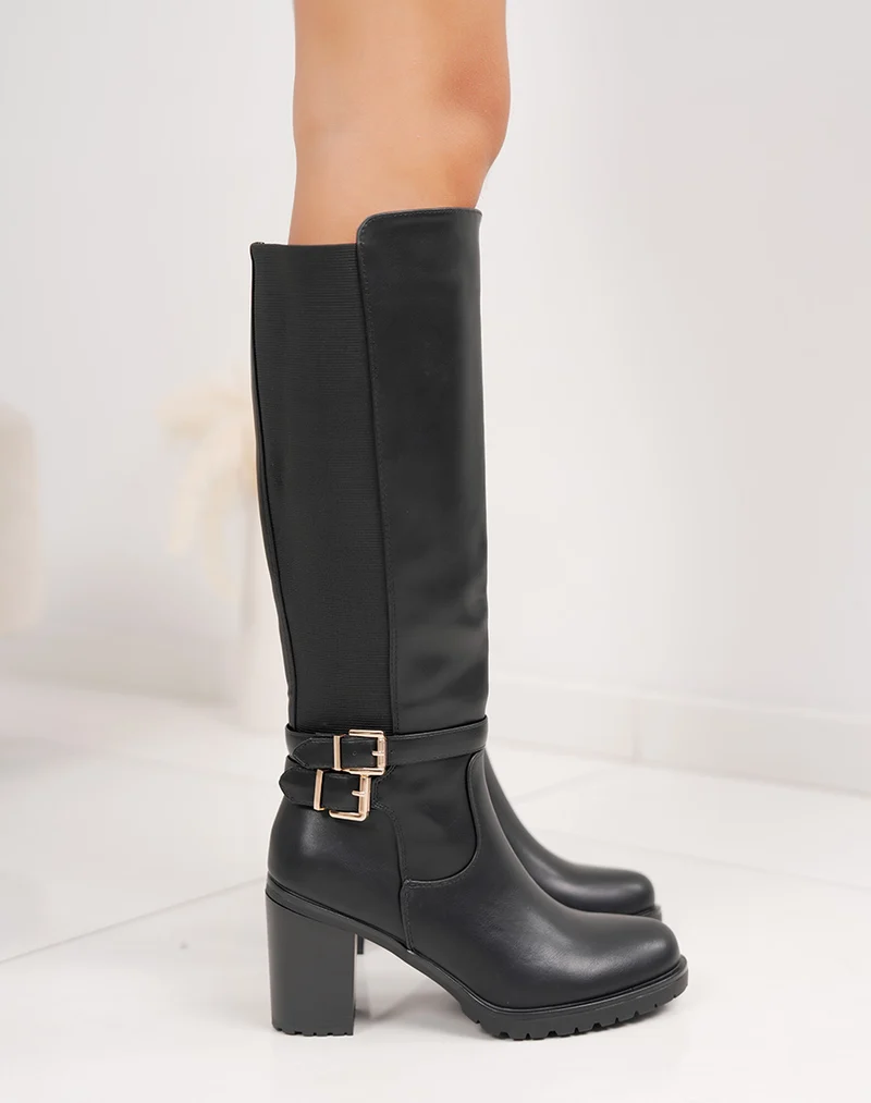 Bottes femme noires à talons hauts élégantes avec double boucles dorées et semelle crantée