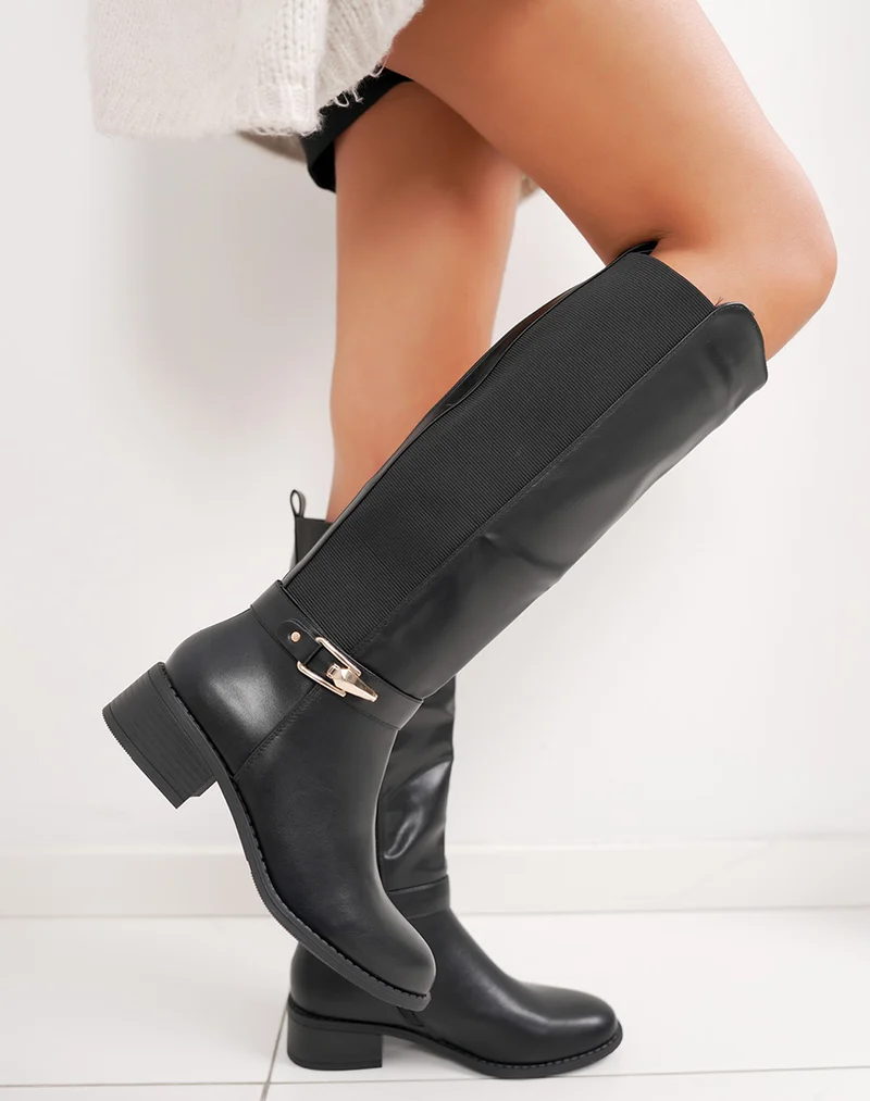 Bottes femme noires élégantes à petit talon avec boucle dorée et élastiques