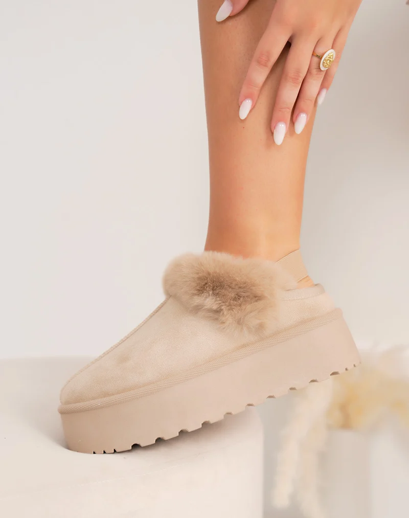 Mules femme beige à plateforme épaisse en suédine avec fourrure et élastique de maintien