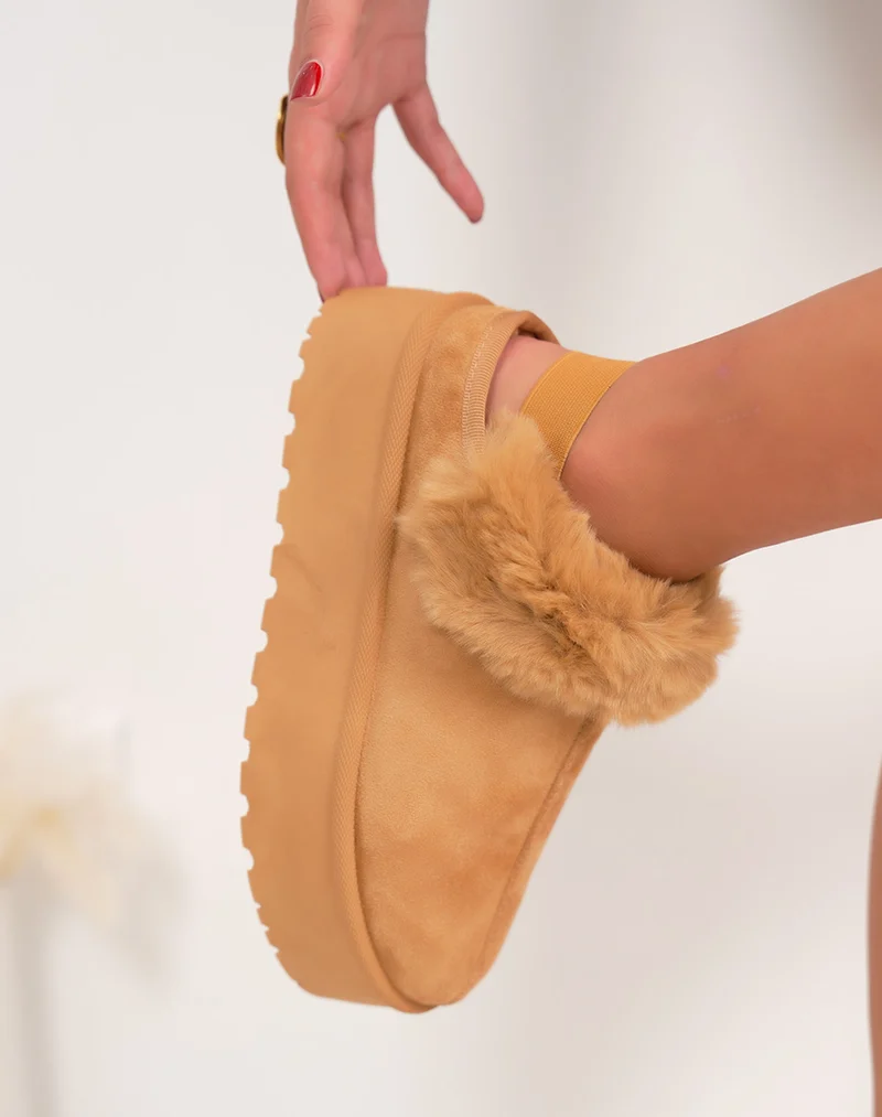 Mules femme camel à plateforme fourrées avec élastique arrière de maintien