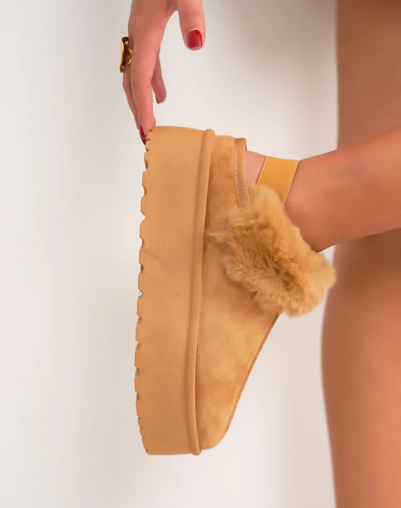 Mules femme camel à plateforme fourrées avec élastique arrière de maintien