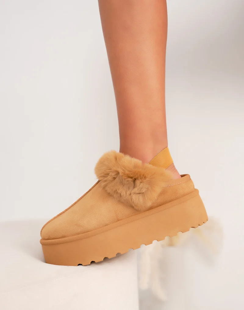 Mules femme camel à plateforme fourrées avec élastique arrière de maintien