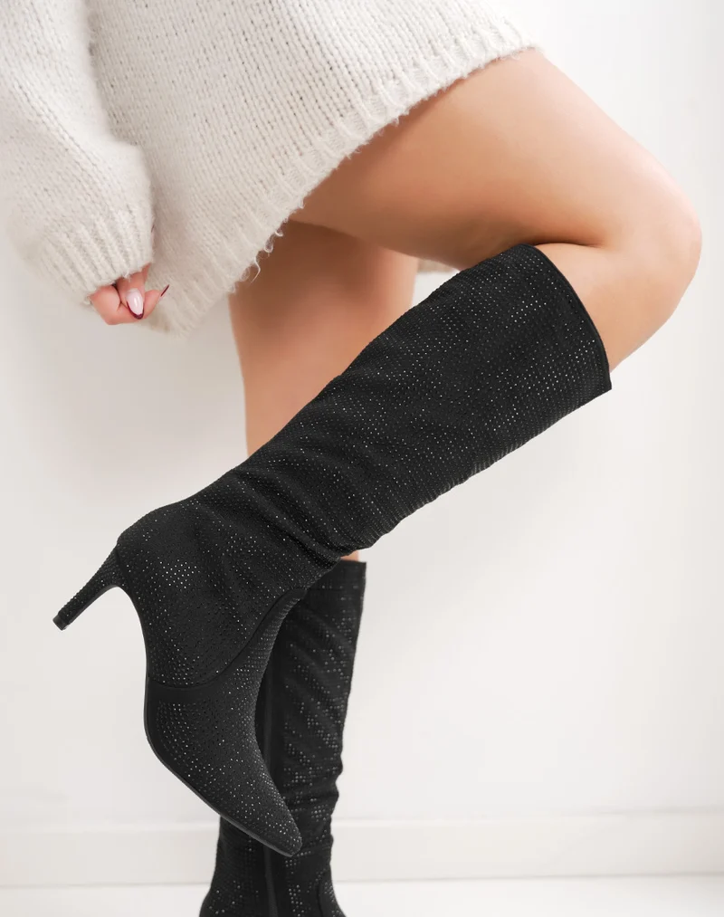 Bottes noires à strass à bout pointu et talon aiguille