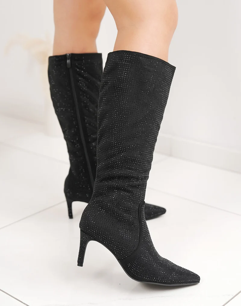 Bottes noires à strass à bout pointu et talon aiguille