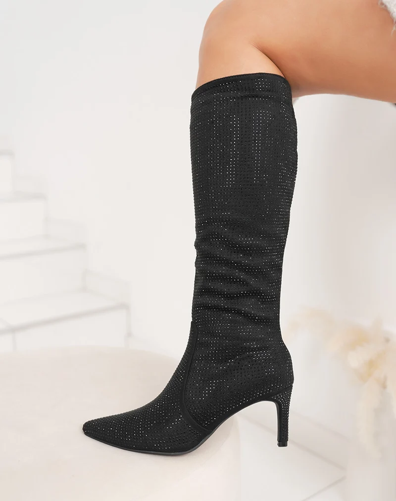 Bottes noires à strass à bout pointu et talon aiguille
