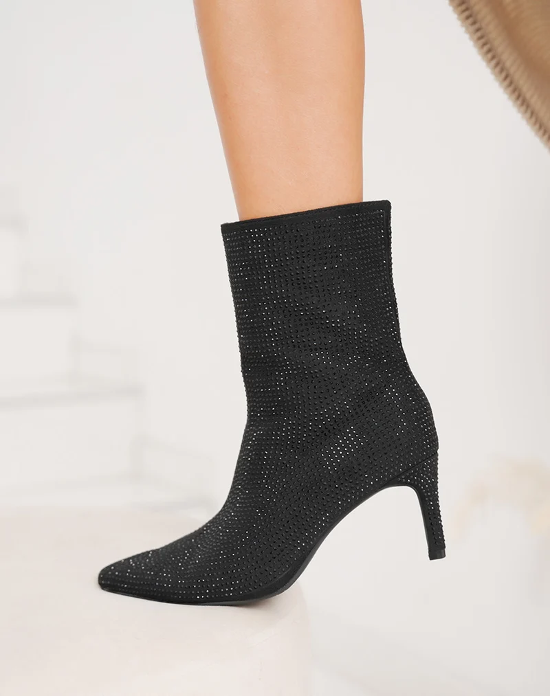 Bottines noires à strass à bout pointu et talon aiguille