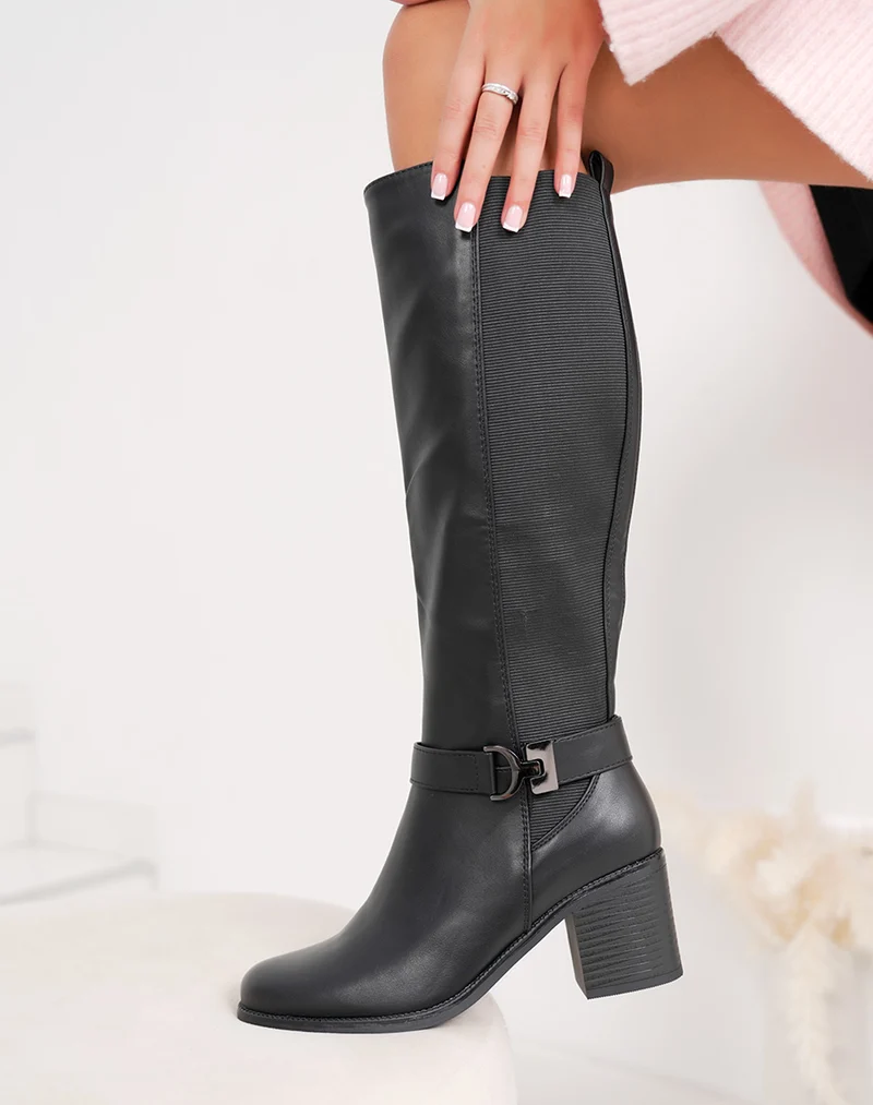 Bottes noires à talon style cavalière avec élastique et boucle métallique