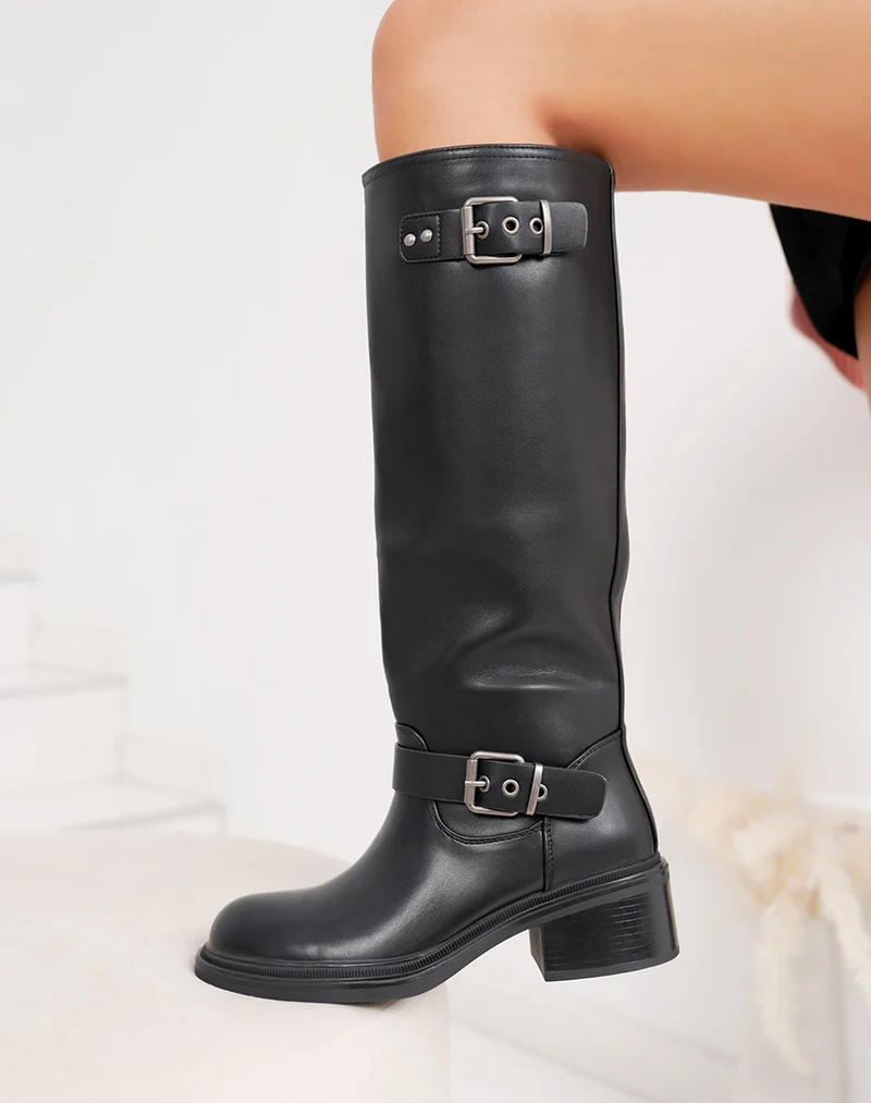 Bottes femme noires cavalières à double boucle et intérieur fourré