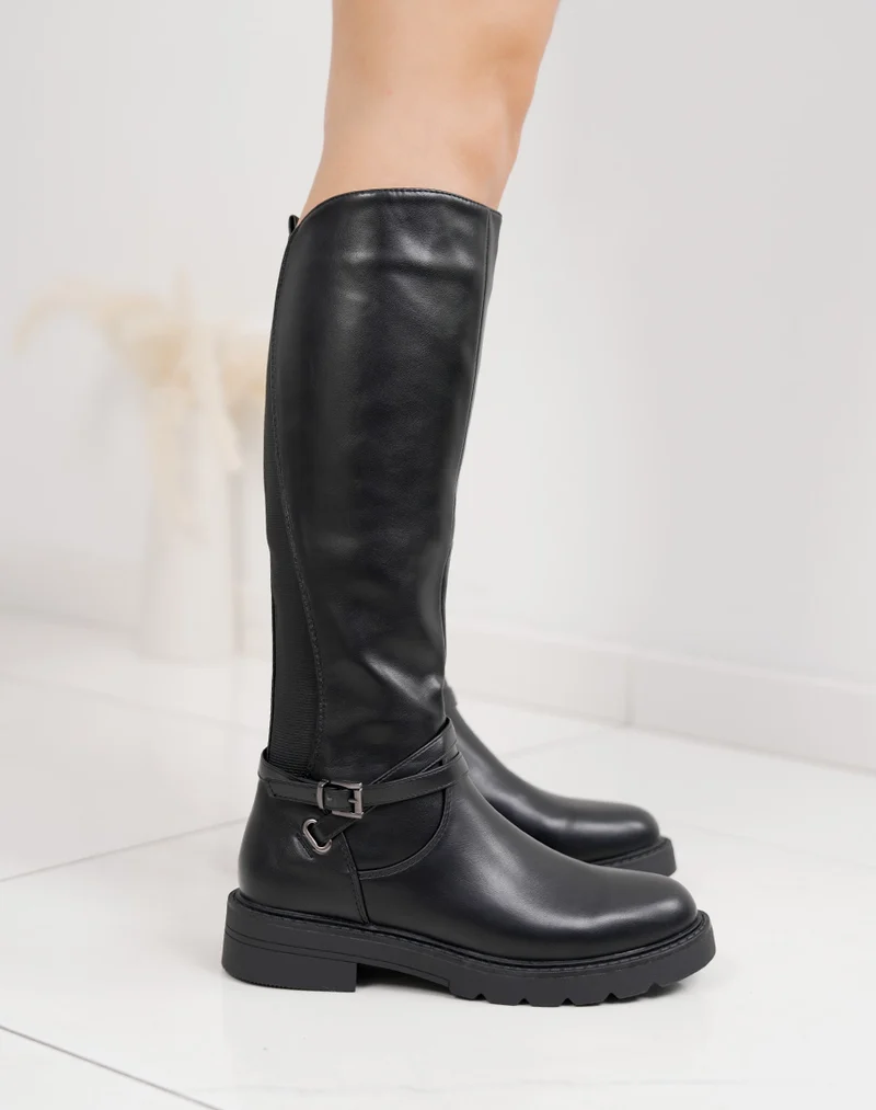 Bottes femme noires cavalières à double lanière fine et semelle crantée
