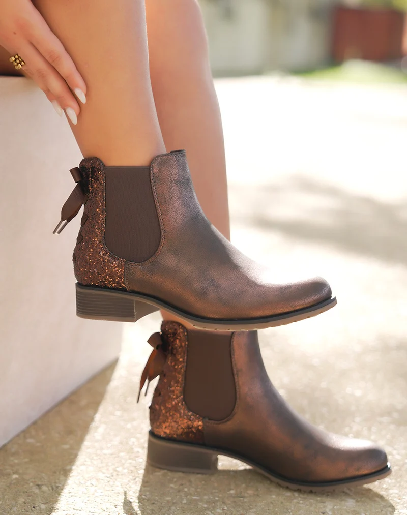 Bottines marron irisées avec paillettes et nœud