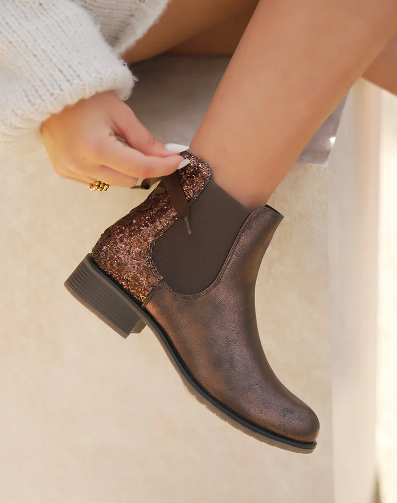 Bottines marron irisées avec paillettes et nœud