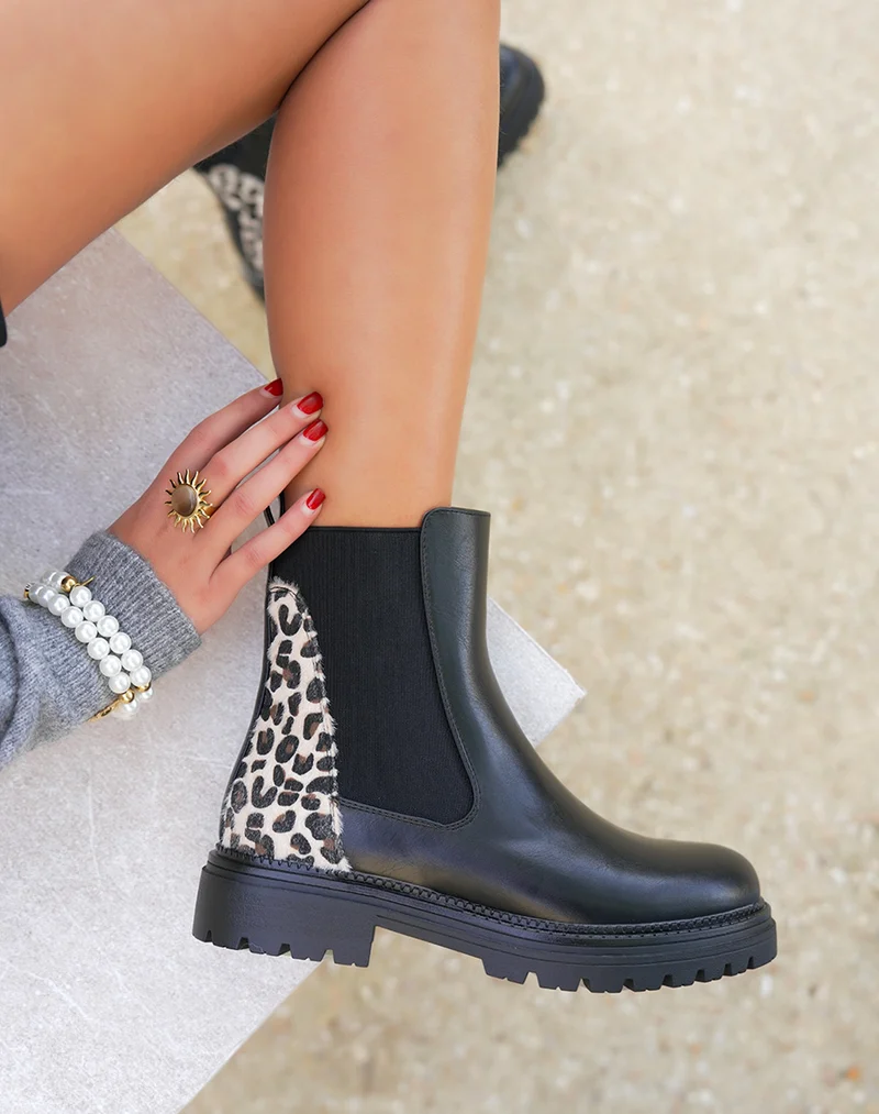 Bottines noires style chelsea à imprimé léopard