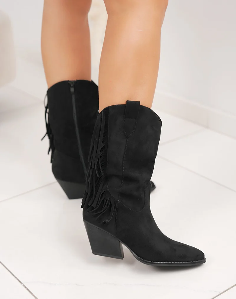 Bottines noires à franges style santiags