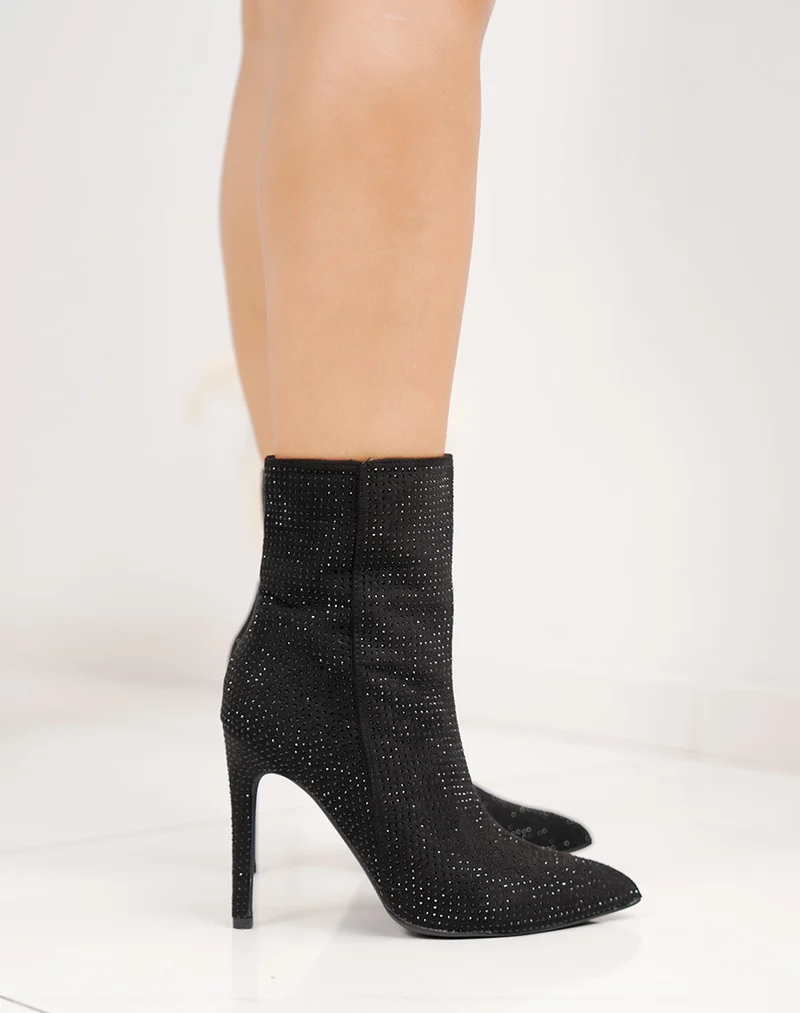 Bottines noires à strass et talon aiguille