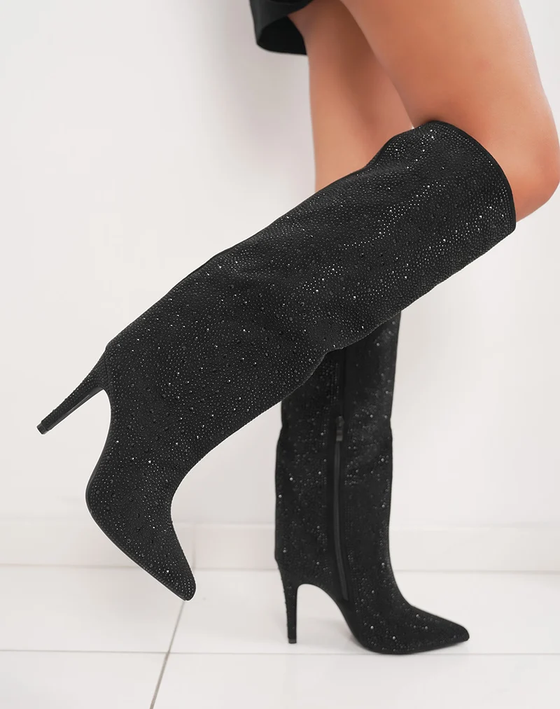 Bottes noires à strass – Talon aiguille & glamour assuré