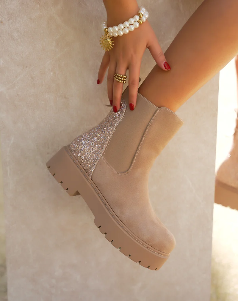 Bottines femme beiges tendance style Chelsea en suédine avec paillettes