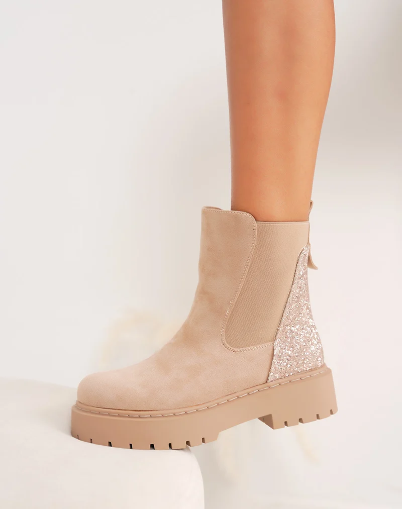 Bottines femme beiges tendance style Chelsea en suédine avec paillettes
