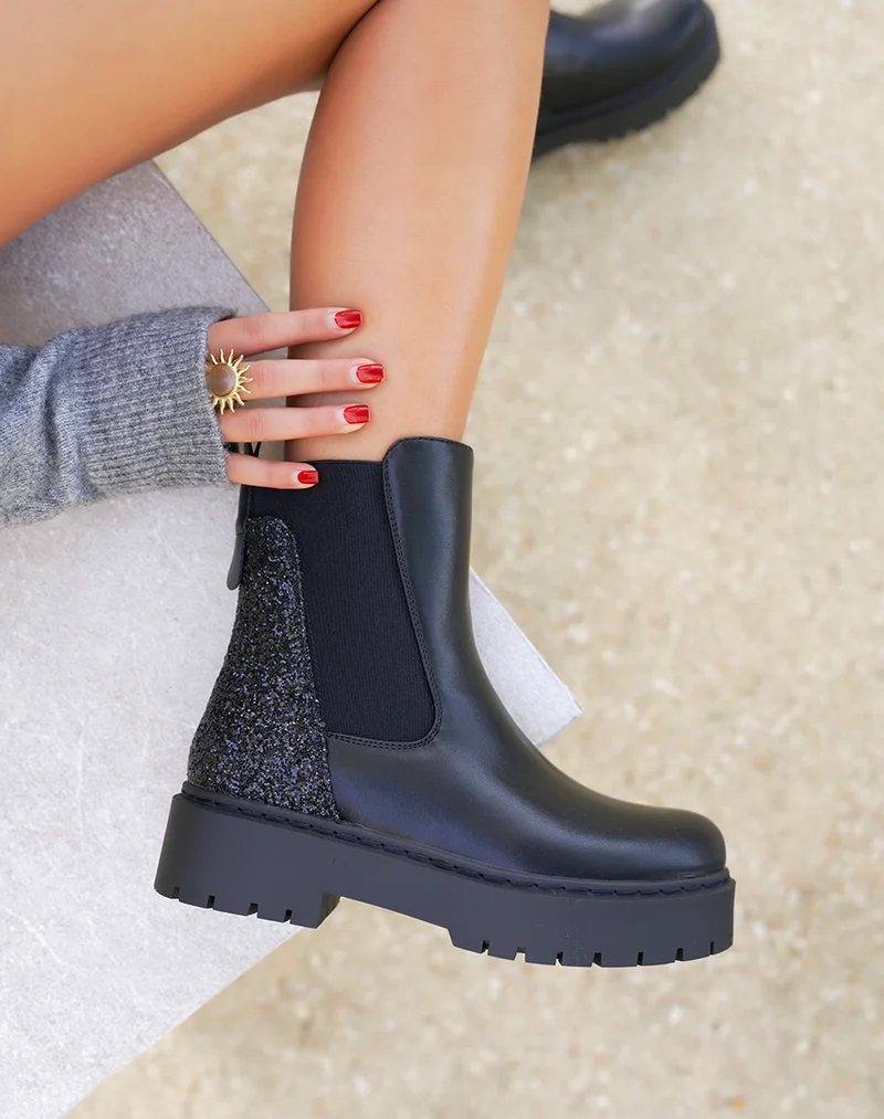 Bottines femme noires tendance style Chelsea avec paillettes arrière et semelle crantée